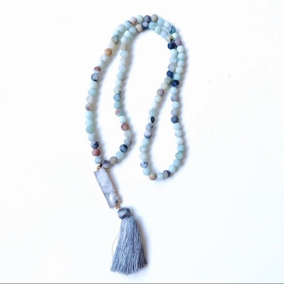 Amazonite & Druzy Bar Mala Bead Necklace w/ Tassel - Picture 2 of 8